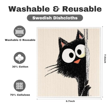 5 Pcs Cartoon Cute Peeking Kitten Swedish Dishcloths, Kitty Swedish Dishcloth, Funny Cat Dish Cloths for Drying Dishes, Reusable Cleaning Cloths, Cat Lover Gifts for Women 3 - color: Lm 03434