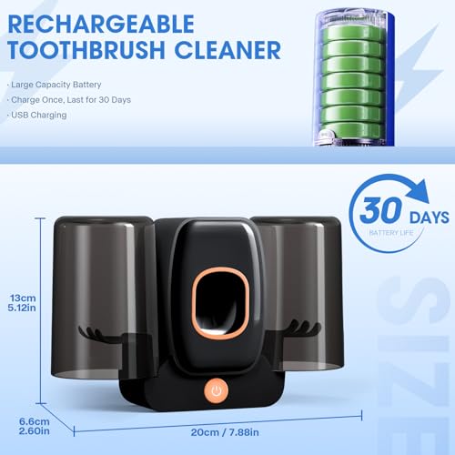2Cups Wall-Mounted Toothbrush Sterilizer Holder with Toothpaste Dispenser - 4 Slots,3 in 1 Toothbrush Cleaner, No Drilling, USB Charging, Ideal for Family Bathroom (Black-Double Cup) - color: Black-double Cup