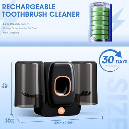 2Cups Wall-Mounted Toothbrush Sterilizer Holder with Toothpaste Dispenser - 4 Slots,3 in 1 Toothbrush Cleaner, No Drilling, USB Charging, Ideal for Family Bathroom (Black-Double Cup) - color: Black-double Cup