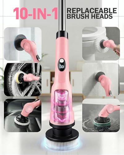 Electric Spin Scrubber, 3-Speed Cordless Shower Scrubber with 90° Adjustable & 10 Replaceable Brush Heads, 90 Mins Runtime & Full-Body IPX7 Waterproof Shower Cleaner Brush with Long Handle