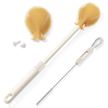 Extendable Bottle Brush with Straw Cleaner Brush, 10.8 to 14 Inches Adjustable Long Handle Water Bottle Scrubber for Cleaning Glasses, Cups, Coffee Mugs, Tumblers with Replacement Head, White - color: White