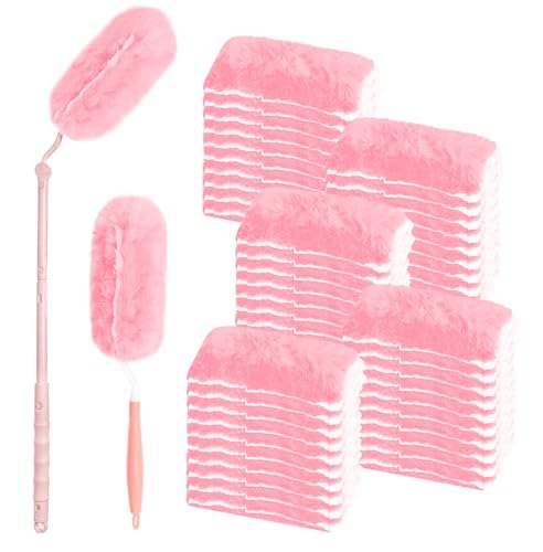 Pink Duster Refill for Swiffer Duster, 50 Count Disposable Dusters Kit for Cleaning Dusting Furniture Blind Ceiling Fan, Multi Surface 360 Feather Duster + 3FT Extended Handle + 1 Handle - color: 50 Count & 2 Handle (Pink)