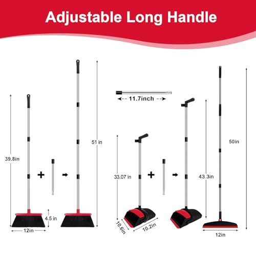 Broom with Dustpan Combo Set and Silicone Air Broom Kit, 51" Long Handle Floor Squeegee, Red Household Kit for Glass Window Rugs Pet Hair Home - color: Red