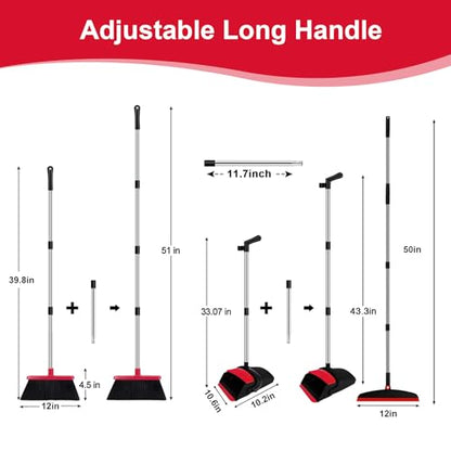 Broom with Dustpan Combo Set and Silicone Air Broom Kit, 51" Long Handle Floor Squeegee, Red Household Kit for Glass Window Rugs Pet Hair Home - color: Red