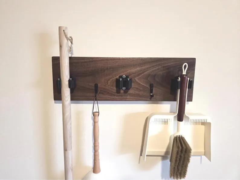 Farmhouse Wooden Broom Mop Holder Wall Mounted Cleaning Tool Storage Rack with Metal Clips for Home Laundry Room Garage Organizer