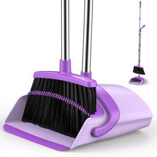Broom and Dustpan Set for Home, 51-in Long Adjustable Handle Angle Broom and Dustpan Combo Set with Dust Pan Teeth to Clean Hair for Home Kitchen Office Lobby Floor Garden, Purple - color: Purple