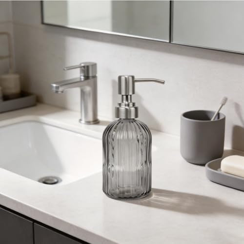 14Oz Gray Soap Dispenser Bathroom, Clear Glass Hand Soap Dispensers with Stainless Steel Pump, Refillable Dish Soap Dispenser for Kitchen, Countertop Soap Dispensers - color: Gray
