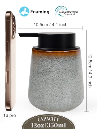 INGOFIN Ceramic Foaming Soap Dispenser -12oz Foam Hand Soap Dispenser Bathroom, Modern Refillable Dish Wash Soap Bottle for Kitchen with Large Pump,Kiln-Glazed - color: Kiln-glazed Grey White -Foam