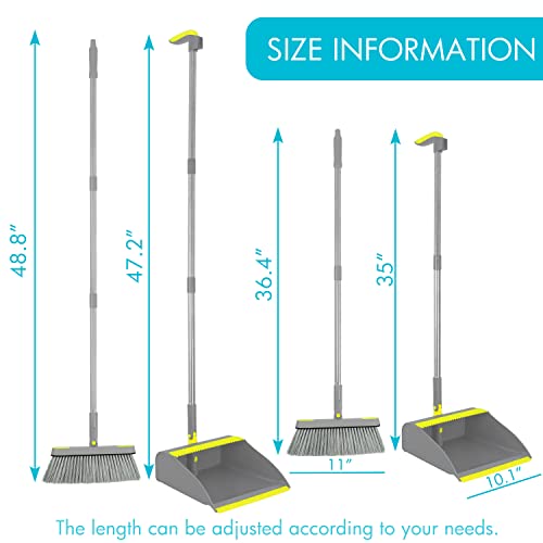 2-Pack Broom and Dustpan Combo Set, 48" Long Adjustable Handle Stand Up Dustpan with Self-Cleaning Teeth, Ideal for Home, Office, Kitchen, Indoor & Outdoor Use, Grey