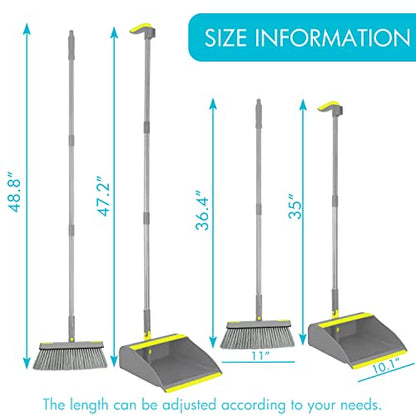 2-Pack Broom and Dustpan Combo Set, 48" Long Adjustable Handle Stand Up Dustpan with Self-Cleaning Teeth, Ideal for Home, Office, Kitchen, Indoor & Outdoor Use, Grey
