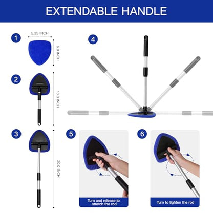 Qydipclin 10pcs Windshield Cleaner Tool, Car Window Cleaning Wash Kit with 4 Reusable Microfiber Pads 1 Spray Bottle and Extendable Handle Auto Glass Wiper Kit, Blue - color: Blue