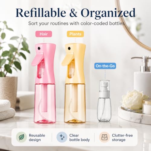 3 Pack Spray Bottles, Continuous Mist Sprayer, Water Spray Bottle for Hair, Hair Mister, 200ml x2 + 30ml Refillable Fine Mist Set - for Styling, Plants, Cleaning & Home Use (Pink & Yellow) - color: Pink+Yellow