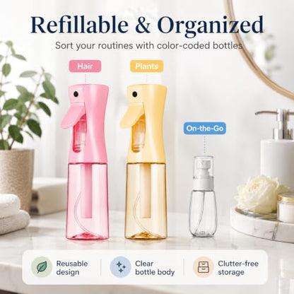 3 Pack Spray Bottles, Continuous Mist Sprayer, Water Spray Bottle for Hair, Hair Mister, 200ml x2 + 30ml Refillable Fine Mist Set - for Styling, Plants, Cleaning & Home Use (Pink & Yellow) - color: Pink+Yellow