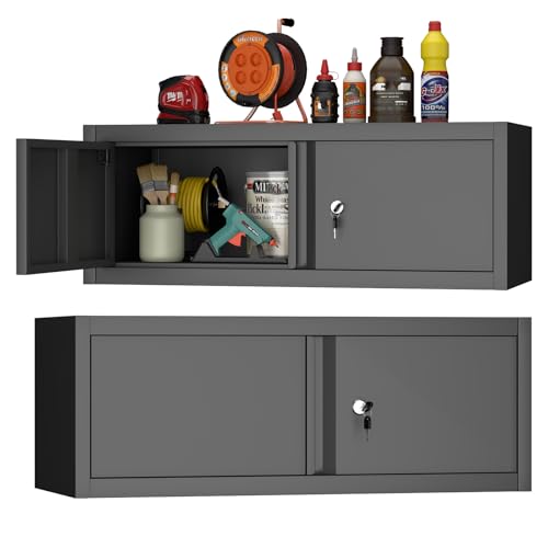 GREATMEET Metal Garage Storage Cabinets, Lockable Storage Cabinet with Doors, Wall Mount Cabinet Storage with Lock, Hanging Floating (Black, 13" H) - color: Black, size: 12.8"H Wall