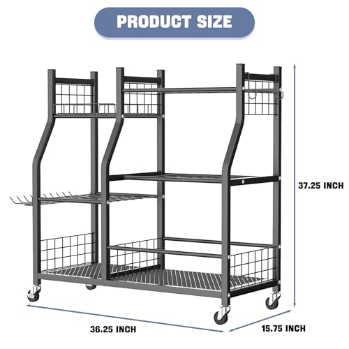 WALMANN Garden Tool Organizer with Wheels for Garage, Large Storage Capacity, Rakes/Shovels/Yard Tools Storage Stand for Shed, Garden, Indoor/Outdoor Long-Handled Tools Rolling Cart - style: Large-stand