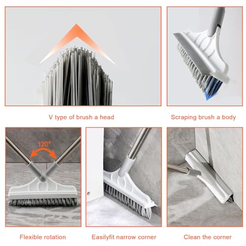 2 Pcs Grout Brush with Long Handle - Upgrade, 120°Rotation Tile Grout Cleaning Tool, V-Shape Shower Scrubber Cleaner Stiff Bristle for Cleaning Bathroom Wall, Baseboards, Tile Floors