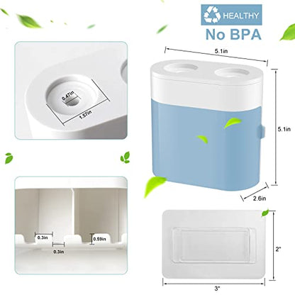 Toothbrush Holder Toothpaste Dispenser Wall Mounted with Cover, 4 Slots Electric Tooth Brush Storage Organizer with 2 Automatic Kids Toothpaste Squeezers for Shower Bathroom Blue, Self Adhesive - color: Blue