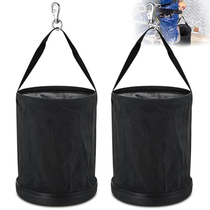 2 Pack Canvas Bucket 15" x 12" Heavy Duty Lineman Tool Bag with Plastic Bottom & Metal Hook Electrician Tool Organizer for Jobsite Use, Load Rated up to 150 Pounds (Black) - color: Black