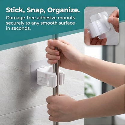 5pcs Strong Adhesive Wall Mount No-Drill Mop & Broom Holder-White - color: White