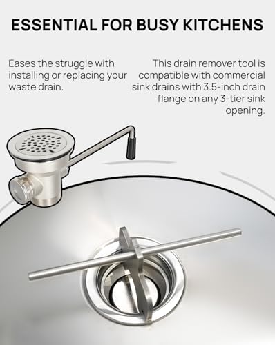 Commercial Sink Drain Removal Tool - 3-Tier Kitchen Sink Wrench for Twist & Lever Waste Drain Installation & Removal, Stainless Steel Drain Extractor Tool for Commercial Kitchens