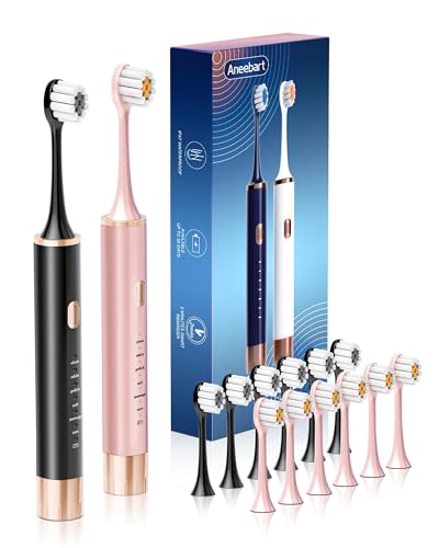 Aneebart Black & Pink Electric Toothbrush for Adults, 2 Pack Toothbrush，USB Rechargeable Sonic Toothbrush with 12 Brush Heads, Smart Timer, 6 Modes, 2-Hour Fast Charge Last 30 Days - color: Black+pink