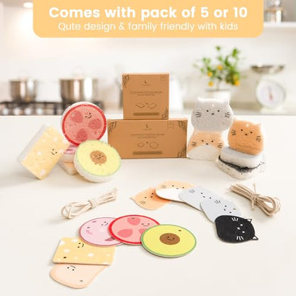 Cellulose Compressed Eco-Sponge 5 Pack- Avocado Sandwich Set |Standard Size| Plastic-Free & Made of All-Natural Wood Pulp | Showering, Dishwashing & Cleaning for Household, Kitchen & Bathroom