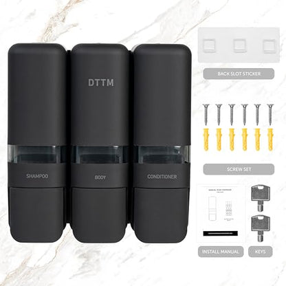 Shower Soap Dispenser 3 Chamber No Drill, Wall Mounted Shampoo Conditioner Body Wash Dispenser, Stick-On Installation, Lockable Matte Black, Refillable 250ml x 3 for Bathroom & Hotel