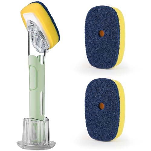 Dish Brush with Soap Dispenser Storage Set with 2 PCS Sponge Refills & Holder, Soap Dispensing Dish Brushes, Sponge with Soap Dispenser Handle, Dish Sponges with Handle for Dishes Pans Pots Sink - color: Green