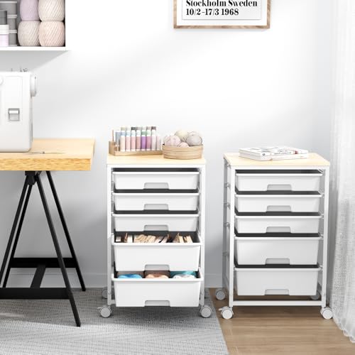 SYKIARIOL Utility Cart with 5 Drawers,Storage Drawer Cart with Wooden Tabletop and Lockable Wheels,Craft Storage Trolley Cart,5-Tier Rolling Utility Cart on Wheels,Bright White - color: Bright White