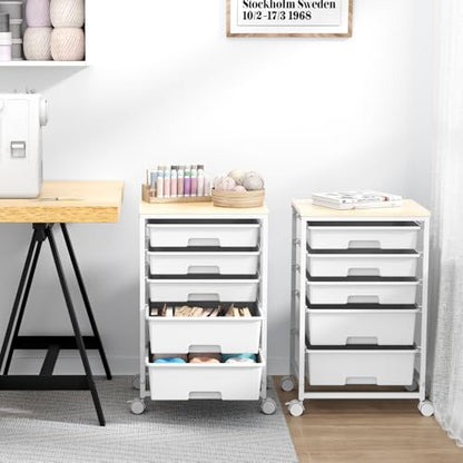 SYKIARIOL Utility Cart with 5 Drawers,Storage Drawer Cart with Wooden Tabletop and Lockable Wheels,Craft Storage Trolley Cart,5-Tier Rolling Utility Cart on Wheels,Bright White - color: Bright White