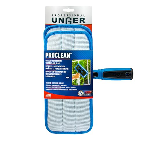 Unger ProClean Connect and Clean Indoor Window Cleaning Kit, Washing Tool with Swivel Head for Tight Corners and Edges, Streak-Free Results on Glass and Mirrors, Reusable Microfiber Pads - size: 1 Count (Pack of 1), style: ProClean Window Cleaning Tool