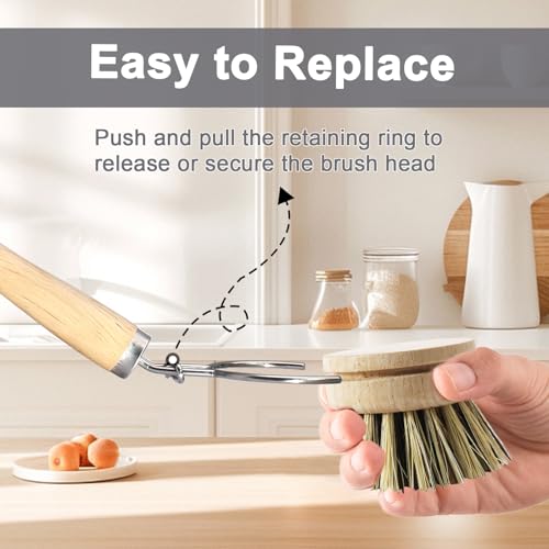 Wooden Dish Brush Set, 4 Natural Bristle Replacement Heads with 1 Sturdy Wooden Handle, Palm Kitchen Scrub Brush for Pots, Pans, Vegetables and Cookware - size: Hard