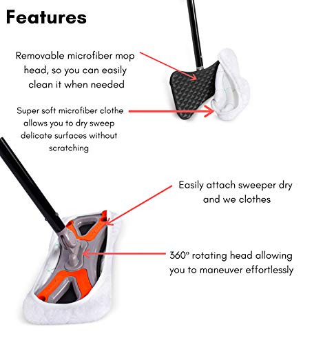 Dust Cleaning Sweeper Mopping - Orange and Grey Durable Mop Set - Lightweight - Great for Kitchen, Home, Garage and Office - Hardwood Tile Laminate Floor Cleaner - Removable Slipper