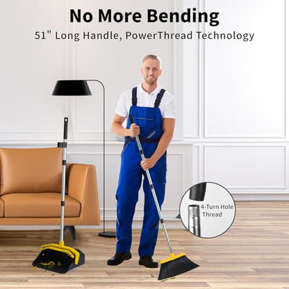 Tiumso Broom with Dustpan Combo Set, Brooms and Dustpans Sets with 51'' Long Handle, Large Dust Pan and Broom, Self-Cleaning Dustpan Teeth for Lobby Kitchen Office - Black and Yellow - color: Yellow and Black