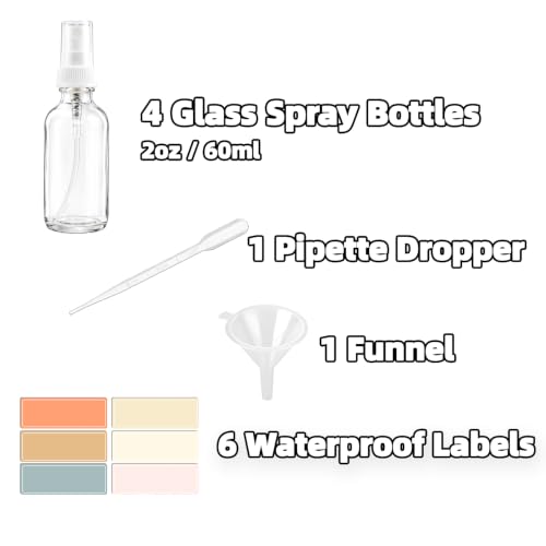 4 Pack 2oz Clear Glass Spray Bottles, Fine Mist Refillable Atomizer for Essential Oils, Perfume, Hair, Face & Travel | Leak-Proof Mini Empty Spritzer Bottles with Labels, Funnel & Pipette (60ml) - color: Clear