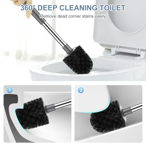 SetSail Toilet Brush and Holder 3 Pack, Self Closing Lid Toilet Bowl Brushes Holder Extra Long Handle Ventilated Toilet Brush Set for Bathroom Cleaning, Nylon Bristles, Grey - color: Gray, size: 3 packs