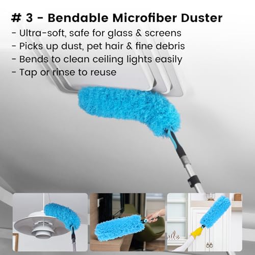 20FT High Reach Cleaning Kit - Includes 12FT Telescoping Extension Pole Bendable Chenille Duster & Microfiber Duster Cobweb Duster Glass Scrubber & Squeegee Swivel Head - for Ceiling Fans Windows - size: 12ft+5PC-kit1