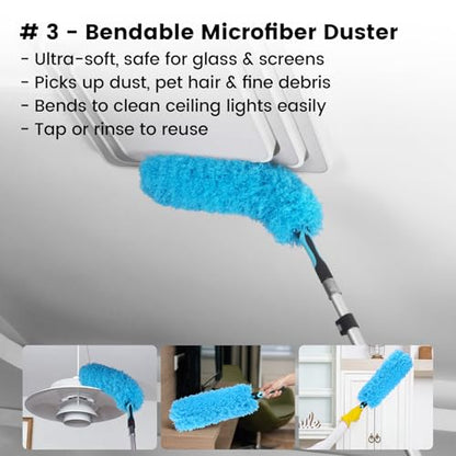 20FT High Reach Cleaning Kit - Includes 12FT Telescoping Extension Pole Bendable Chenille Duster & Microfiber Duster Cobweb Duster Glass Scrubber & Squeegee Swivel Head - for Ceiling Fans Windows - size: 12ft+5PC-kit1