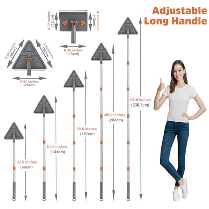 UIMO Wall Cleaner Mop with 94" Long Handle, 2-in-1 Triangle & Rectangle Head with Squeegee, 10 Washable Pads, Baseboard Cleaner Tool for Walls Scrubber, Ceilings, Windows, Glass, Fans, Doors, Corners