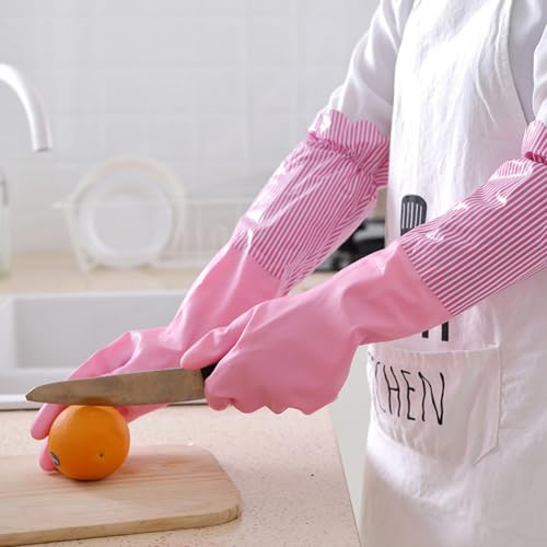 RARITYUS Household Kitchen Cleaning Gloves Waterproof Cotton Lined Dishwashing Non-Slip Long Cuff Gloves - color: A Pink