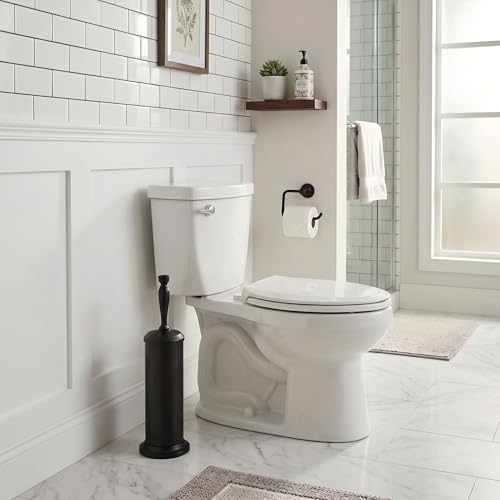 ROLABAM Heavy-Duty Toilet Brush and Holder Set, Premium Rustproof Metal Freestanding Toilet Bowl Brush, Deep-Cleaning Tool with Long Handle and Splash Guard for the Bathroom, Space-Saving - color: Black-1