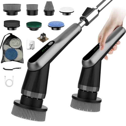 WKY-Electric Spin Scrubber - Upgraded 10-in-1 IPX7 Waterproof Shower Scrubber, Retractable Handle & 2-Speed for Toilet, Bathroom, Bathtub, Tile Floors - color: Black&lgray