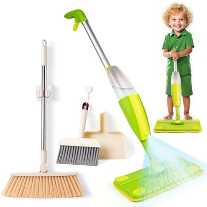 Kids Spray Mop,Toddler Mop Cleaning Set, Real Working Mini Mop & Kids Broom Dustpan Set, Housekeeping Pretend Play Toy, Montessori Kid Cleaning Toy Set Includes Organizer Clip -Green - size: Mop & Broom Set, style: Green