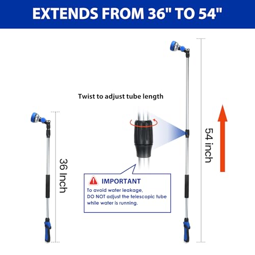 Telescoping Watering Wand for Garden Hose, 36”-54” Adjustable, 10 Spray Patterns, Heavy-Duty Hose Nozzle with Thumb Control & Pivoting Head, Ideal for Hanging Baskets and Shrubs, Blue - color: Blue