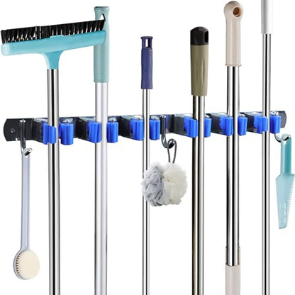 Tefola Broom Holder, Wall Mounted Organizer, Broom Mop Holder Tidy Organizer, Mop and Broom Holder Self Adhesive, Stainless Steel Broom Holder Wall Mounted for Brush Mop and Broom Tool Storage