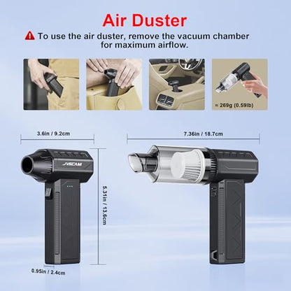 JVSCAM Compressed Air Duster,150000RPM Electric Air Duster, Vacuum Cleaner & Bag Vacuum 3-in-1, Rechargeable with 3-Gear Adjustable Wind Speed for Keyboard,Computer,Car,Home and Storage Bag Sealing