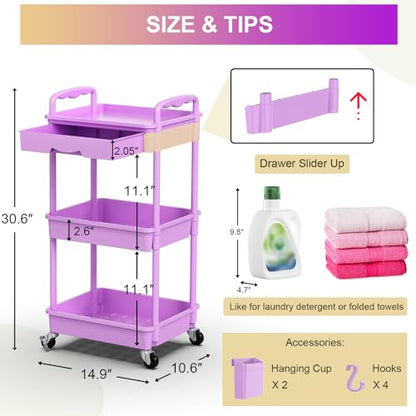 Goovilla 3 Tier Rolling Utility Cart Organizer with Removable Drawer, Stable and Sturdy Purple Rolling Storage Carts with 2 Lockable Wheels for Bathroom, Kitchen, Snack, Craft, Makeup, Baby Essentials - size: 3 Tier, style: Purple