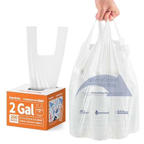 Small Trash Bags with Handles - Ocean Plastic Upcycling - Plastic Garbage Bags, Can Bin & Waste Basket Liner for Kitchen, Bathroom, Office and Pets,2 Gallon 200 Count White - color: 2Gal White, size: 1 DISPENSER BOX
