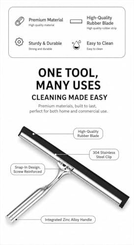 MOVAN Shower Squeegee for Glass Doors with Replacement Silicone Blade – 304 Stainless Steel Frame, 10 Inch, Streak-Free Bathroom Window Wiper with Adhesive Hook, Black
