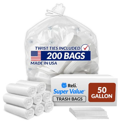 Reli. Premium 50 Gallon Trash Bags | 200 Count | Made in USA | Heavy Duty | Bulk | SuperValue | Clear Multi-Use Garbage Bags